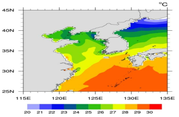 본 연구에서 고수온 발생 정의를 위해서 사용된 해수면 온도 경계값. NOAA OI Sea Surface Temperature 일자료를 이용하여 7-9월 해수면 온도의 10 퍼센타일 값을 이용함