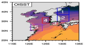 고수온의 시계열 분석을 위해서 정의된 5개의 해역 - 1 : ‘East Sea 1’, 2 : ‘East Sea 2’, 3 : ‘South Sea’, 4 : ‘West/Yellow Sea’, 5 : ‘East China Sea