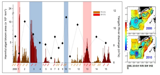우리나라 남해안의 년도별 적조발생해역의 면적 및 양쯔강 희석수 확장의 관계