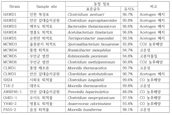 탄소대사 연구 목적으로 분리한 균주 리스트