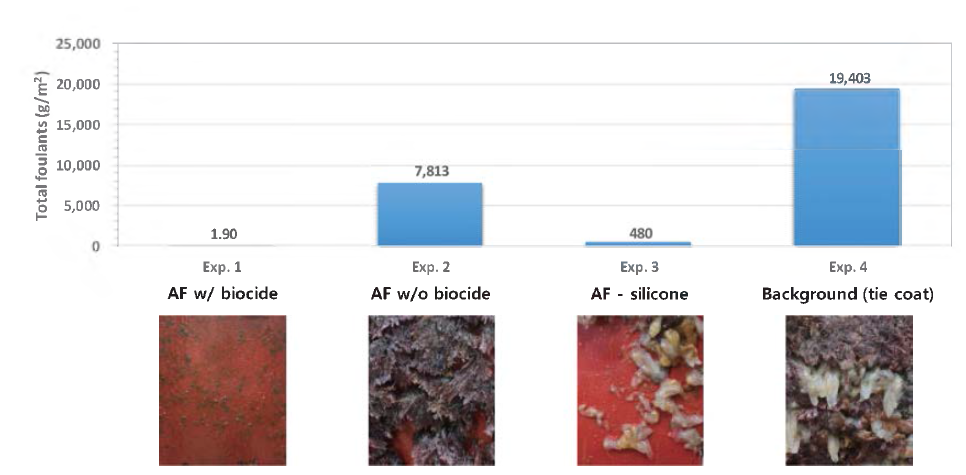 Biofouling biomass on each test plate for in-water cleaning simulation