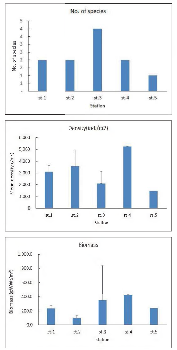 Number of species, density and biomass of fouling macrozoobenthos at study sites on the R/V ISABU