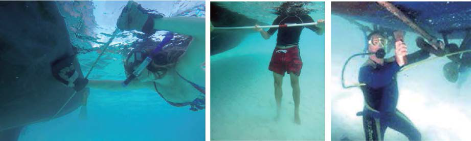 Photographs of manual brushing (left and middle) and scrubbing (right) by diver