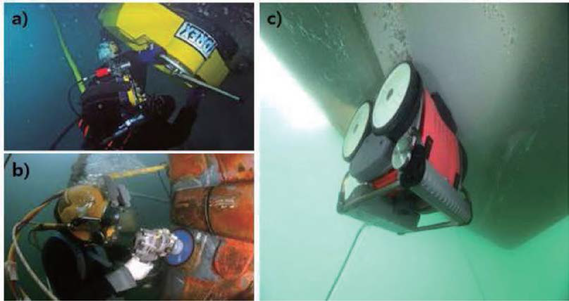 Photographs of mechanical removal technologies, a) Cart b) grinding c) ROV