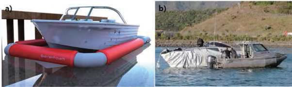 Photographs of shrouding technologies, a) floating dock b) Encapsulation