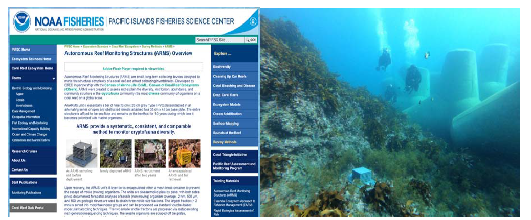 NOAA에서 운용중인 ARMS (Autonomous Reef Monitoring Structure) 관련 홈페이지 (좌측) 및 울릉도 통구미 거북바위 앞에 설치된 ARMS