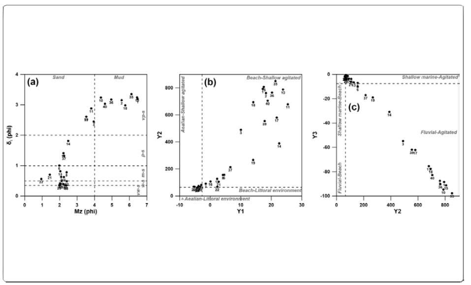 Sector plot showing relationships between textural parameters (a: Mz vs. δI) and discriminate functions (b: Y1 vs. Y2 and c: Y2 vs. Y3). Mz, mean grain size; δI, sorting; vw-s, very well sorted; w-s, well sorted; m-s, moderately sorted; p-s, poorly sorted; vp-s, very poorly sorted