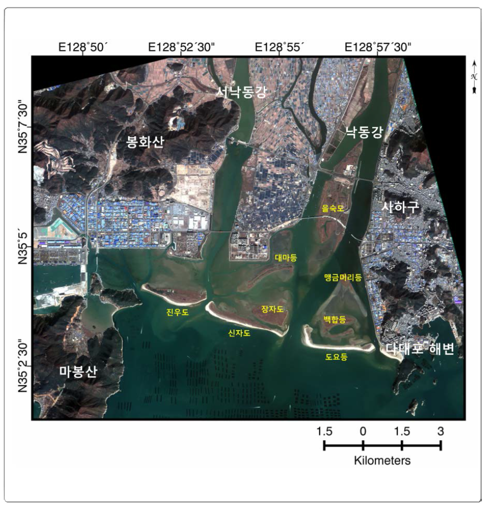 Location map of the Nakdong River Estuary (NRE) in Busan, Republic of Korea (KOMPSAT-2 image (Korea Aerospace Research Institute (KARI) in Korean, 2008)))