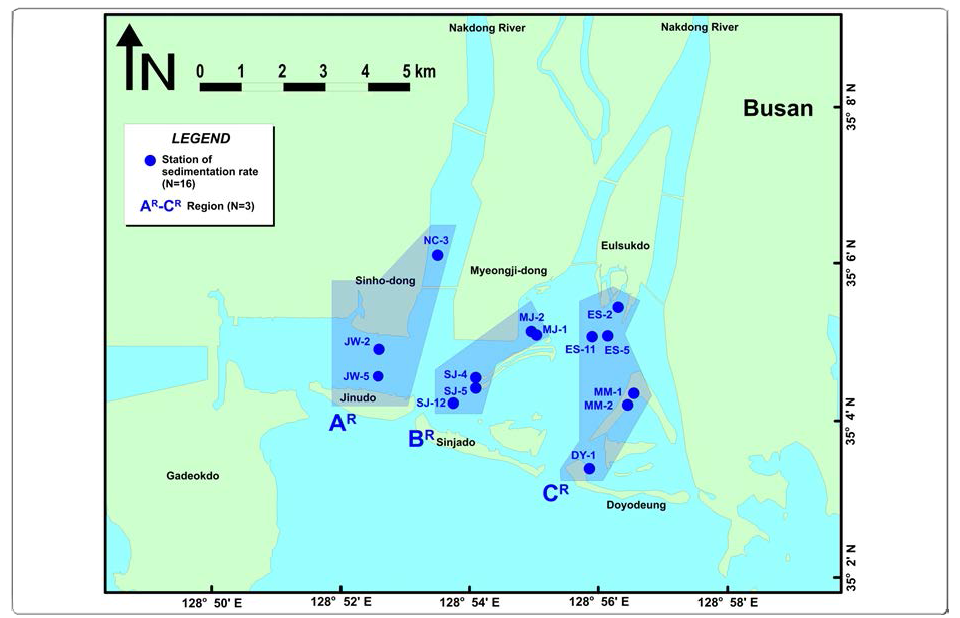 Location map of three area (AR, BR, and CR), 16 surface sediment sampling stations for sedimentation rate