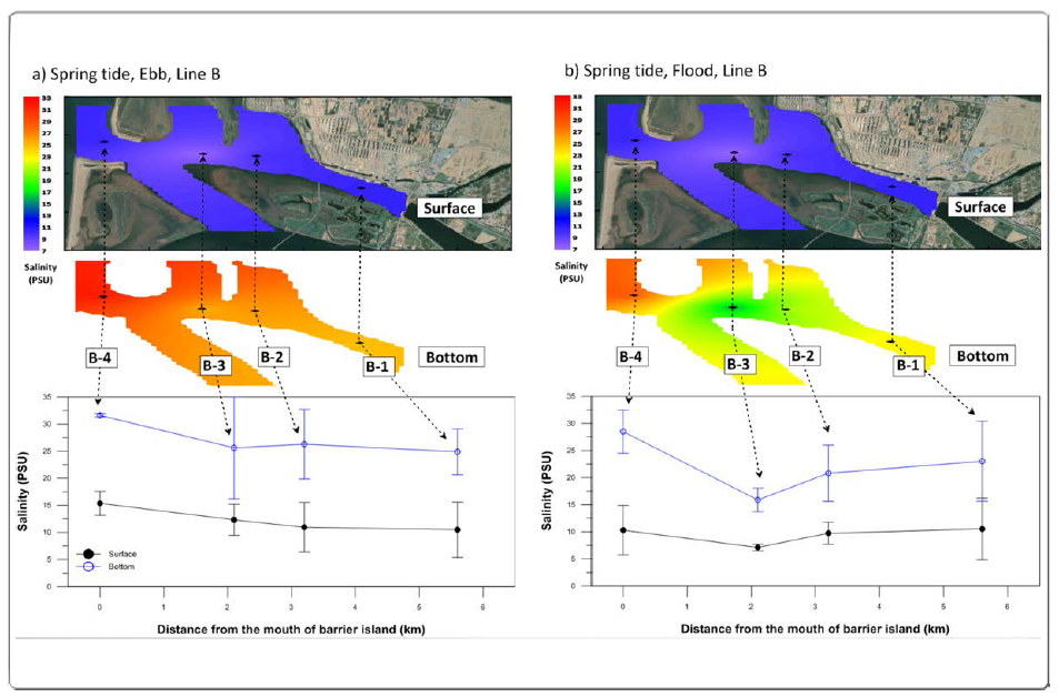 Horizontal and surface/bottom salinity distribution for B line (2018.04.18. and 2018.07.16., Spring tide (ebb, flood))