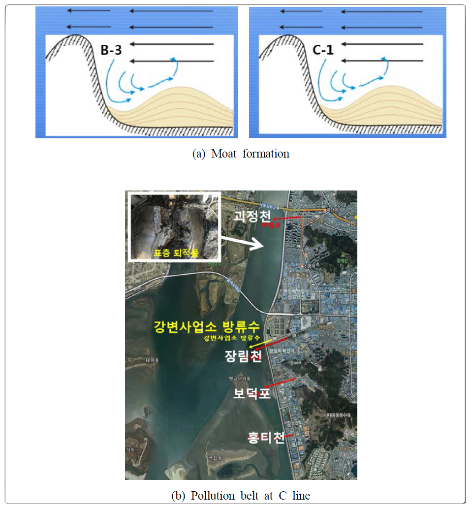 B-3 and C-1 moat formation mechanism and pollution belt at the B and C lines