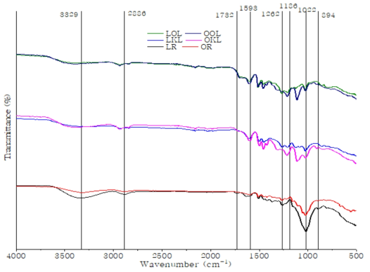 낙엽송과 참나무 원시료 및 klason lignin, organosolv lignin의 FT-IR spectra (*L: Larch, *O: Oak, *R: Raw material, *KL: Klason lignin, *OL: Organosolv lignin)