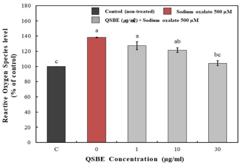 Reactive Oxygen Species (ROS) level of HK-2 cells treated with 500 μM of sodium oxalate in the presence of Quercus salicina Blume extract (QSBE) The values are expressed as the means of tirplicate determinations ± S.D. (standard deviation). Values with different letters within the same concentration differ significantly (p<0.05) based on a one-way ANOVA and Duncan´s multiple range test