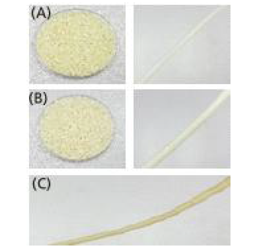 이산화탄소 흡착 기능성 마스터배치 ((A): calcium hydroxide 함유, (B): sodium carbonate 함유, (C): sodium glycinate 함유)