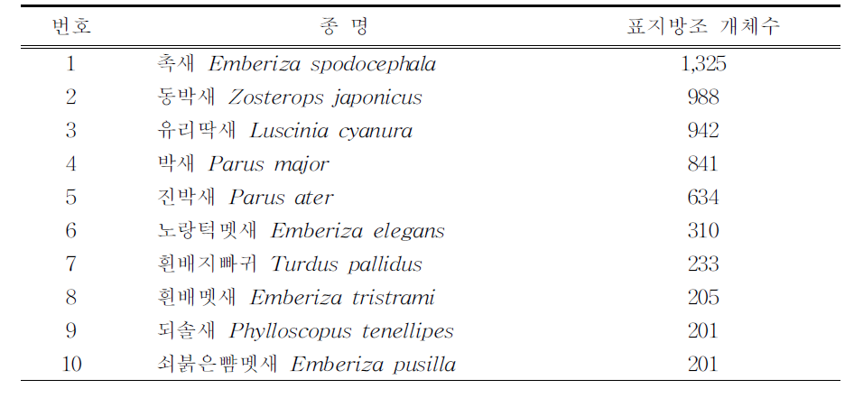 2019년 표지방조 상위 우점종과 종별 표지방조 개체수