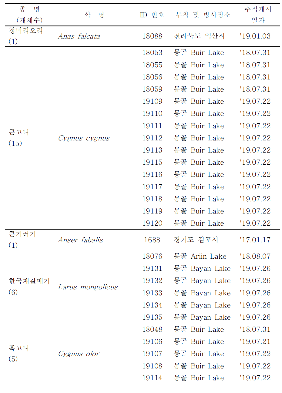 (계속) GCT 부착종의 부착장소 및 추적개시 일자(18종 114개체)