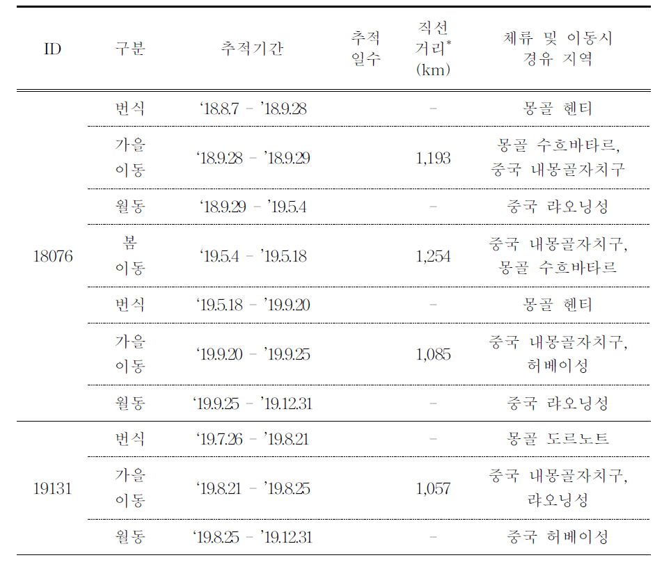 한국재갈매기의 이동경로 GCT 추적 결과