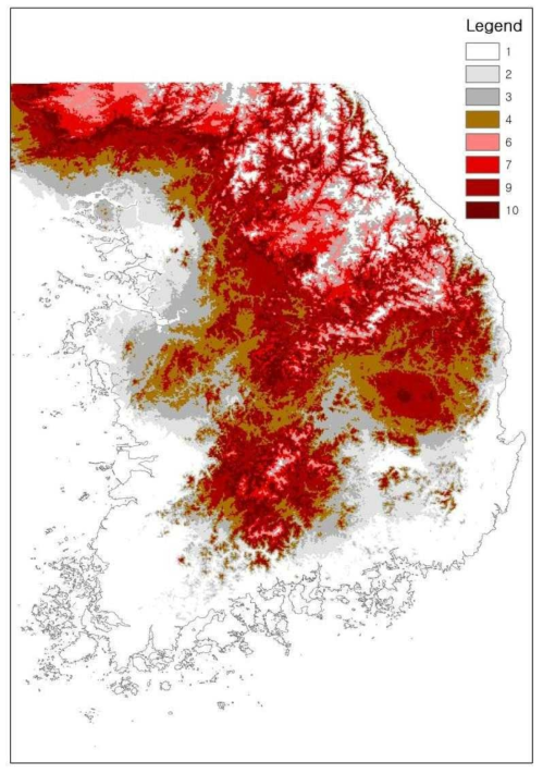 기후, 지형, 인위적 교란을 바탕으로 한 담비 생태학적 니치 모형 (붉은색이 가장 적합한 서식지)
