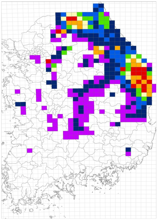 산양 조사격자 (붉은색, 주황색, 노란색, 초록색, 파란색, 보라색 순으로 서식지적합성이 높은 격자)