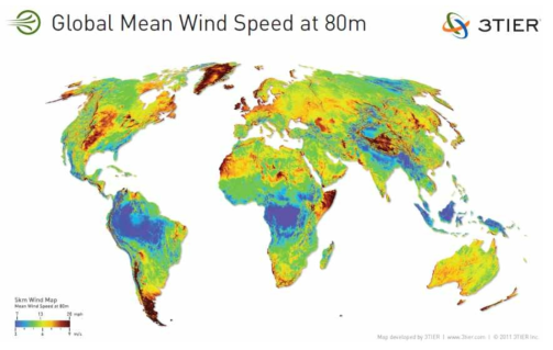 80 m 상공에서 세계 평균 풍속 분포