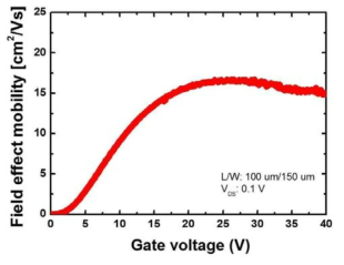 lateral 소자에서 측정된 전계효과 이동도 결과(16.5 ㎠/Vsec, 성과계획서 대표지수)