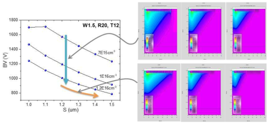 링간격 및 에피농도에 대한 항복전압 특성 및 전계분포