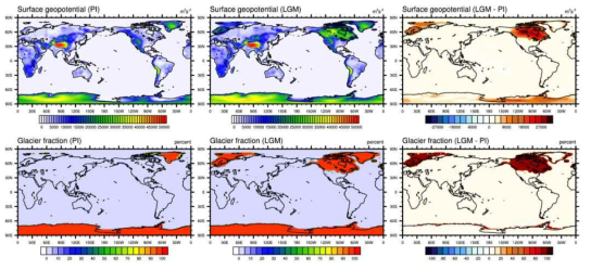 CESM 저장소에서 제공되는 산업혁명기이전 시기의 대륙분포, 지형고도, 대륙빙상 분포 자료와 PMIP3에서 제공되는 마지막최대빙하기 시기의 대륙분포, 지형고도, 대륙빙상 분포와 그 차이