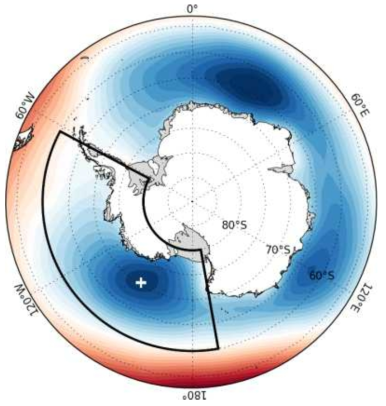 An example of seasonal mean sea level pressure around Antarctica with the location of the ASL marked with a '+' symbol (Hosking and National Center for Atmospheric Research Staff, 2019)