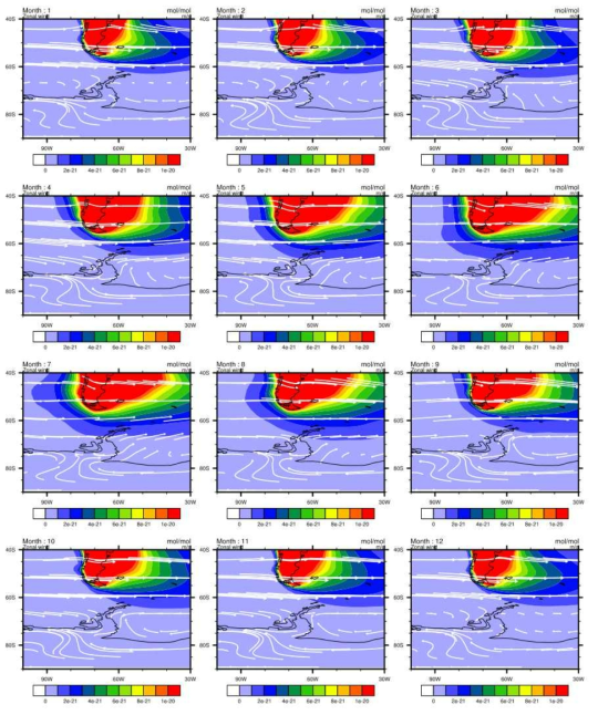 Monthly mean radon concentration and 850 hPa wind vector around the Antarctic Peninsula simulated in the numerical transport experiment