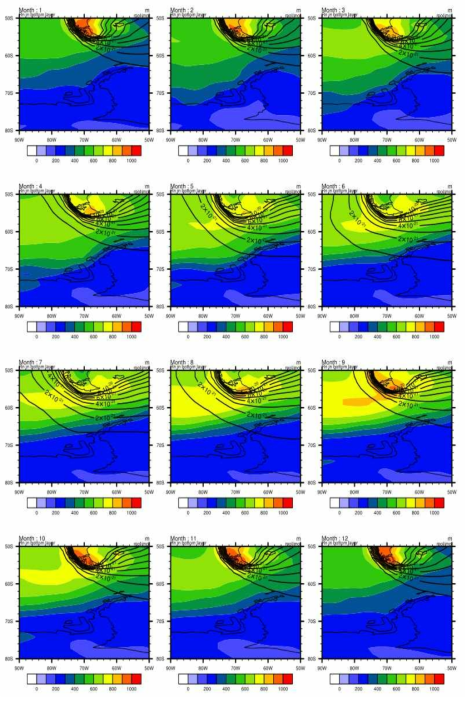 Monthly variations of surface radon concentration (contour) and mixing height (shading) from the numerical experiment