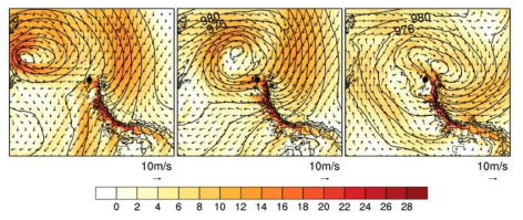 Sea level pressure and wind around the King Sejong Station(KSJ) at 00UTC (left), 12UTC (middle) of January 7th, and 00UTC of January 8th 2013 simulated with regional scale model. Black dot denotes the location of KSJ