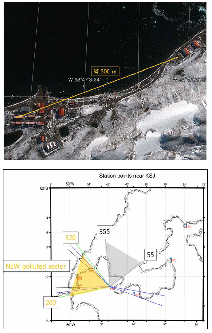 신규 설치중인 대기관측동의 위치 및 풍향에 따른 오염섹터의 정의 (구관측동 : 355°–55°, 신규 관측동 : 260°– 320°)
