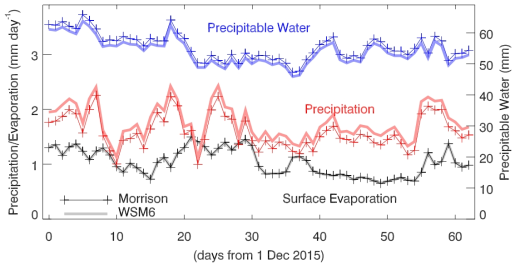 Time series of the daily mean surface evaporation (black), precipitation (red), and precipitable water (blue) from the Polar WRF simulations. The Morrison scheme (marked thin lines) and the WSM6 scheme (thick lines) were used for the cloud microphysics in the simulations. The values were obtained by averaging over the entire simulation domain