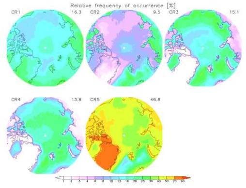 The geographical multiannual mean RFOs of each of the 5 MODIS CRs