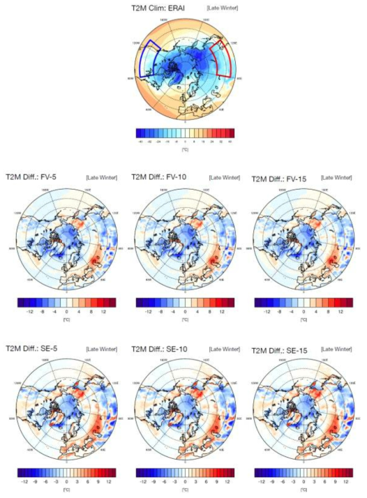 ERA-Interim의 2001년부터 2014년까지의 늦은 겨울철 (DJF) 지면 대기온도 평균 분포와 유한체적법 (FV), 분광요소법 (SE)의 동일기간 과거예측 실험 결과의 ERA-Interim과의 차이