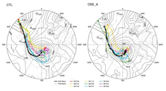 Simulated cyclone tracks from CTL (left) and OSE_A (right) experiments. Cyclone tracks from reanalyses of two experiments (grey), forecasts of two experiments with different initial times, and mean of ensemble forecasts (black) are shown