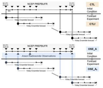 Schematic processes to produce the ensemble reanalysis (ALERA2) and forecast using the ALEDAS2. CTL is the original ALERA2 ensemble reanalysis with the assimilation of the 6-hourly NCEP PREPBUFR data (inverted triangles); CTLf is the ALEDAS2 ensemble forecast initialized by the CTL reanalysis; OSE_A is the same as CTL, except with the addition of extra radiosonde observations on the R/V Araon (triangles); OSE_Af is the same as CTLf, except initialized by the OSE_A reanalysis