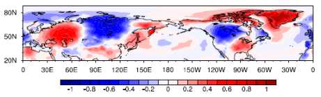 The 200-hPa geopotential (shading; m2 s-2) anomaly composite of all matching days for SOM5. Prior to the composite, each year’s JJA mean was subtracted. This procedure removes variability at both interannual and the long-term (1979-2012) time scales