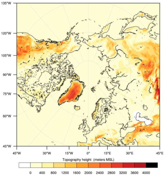 WRF domain for the sea ice sensitivity experiments. The shading denotes the height of the topography on 36 km horizontal resolution