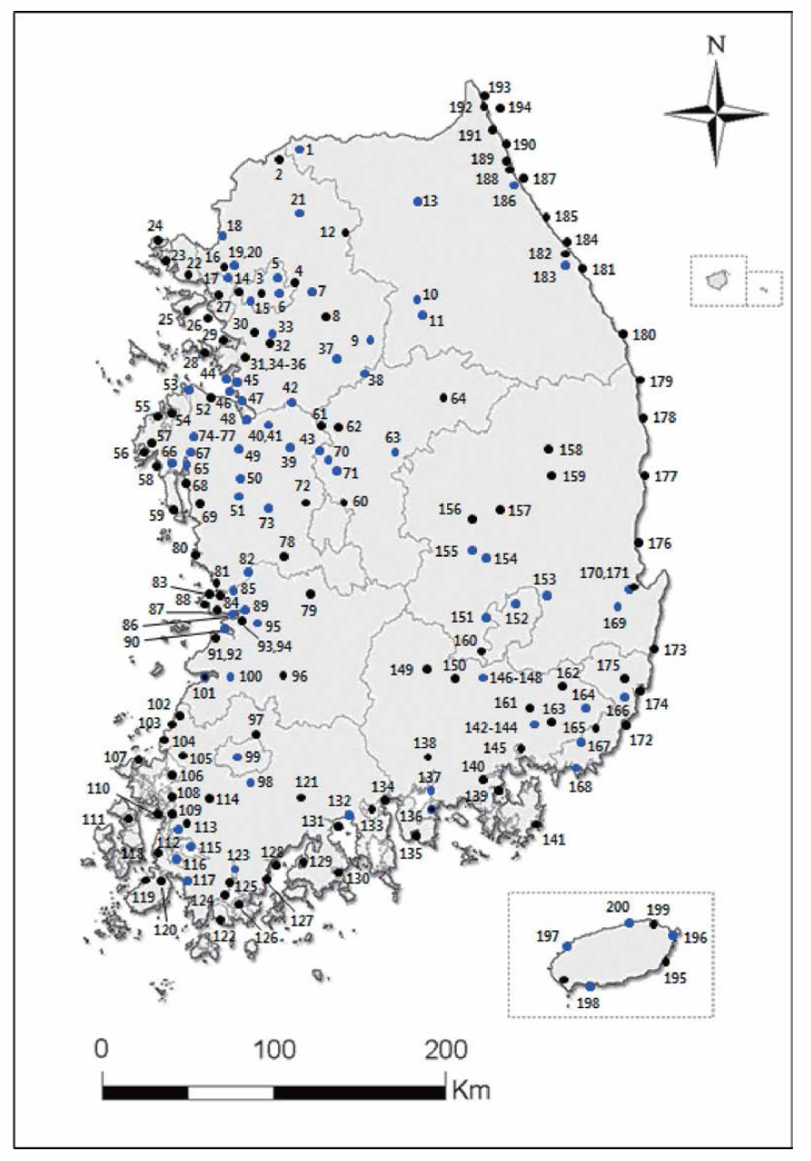 2018~2019년 겨울철새 조사지역 (파란색으로 표시된 지역이 80개소에 해당)