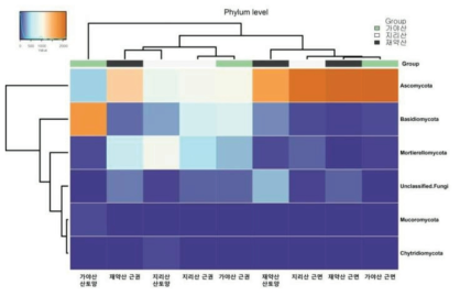 병꽃나무 근권, 근면, 산토양의 phylum 군집 구성(Heat map)