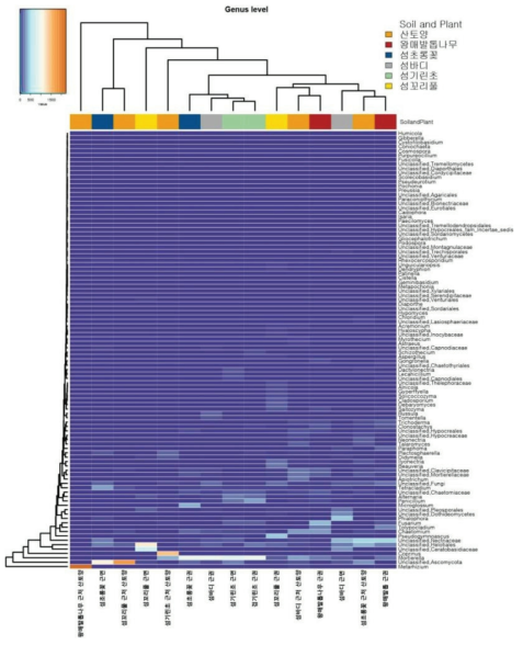 울릉도 자생 식물 시료의 genus 수준에 따른 균류 군집(Heat map)