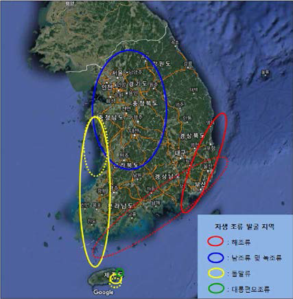 2019년 집중 조사 지역(점선)과 신종/미기록종 발굴 지역(실선)