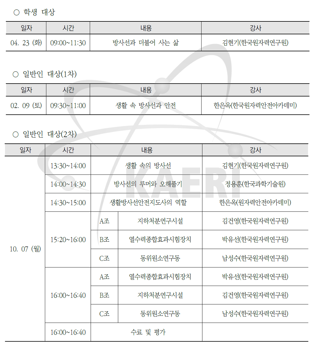 2019년도 찾아가는 원자력교육 과정 일정표