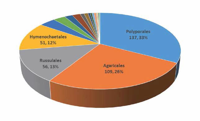 주왕산국립공원에서 채집된 버섯의 분류군별 비율 (2018〜 2019, 목 수준)