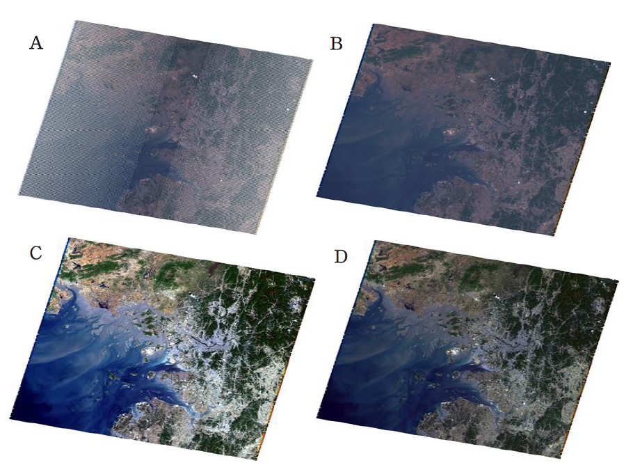 Landsat 7 ETM+ 위성영상 전처리:A. 전처리 전 Landsat ETM+ 위성영상, B. Gap fill 처리 후, C. 복사 보정 후, D. 대기 보정 후