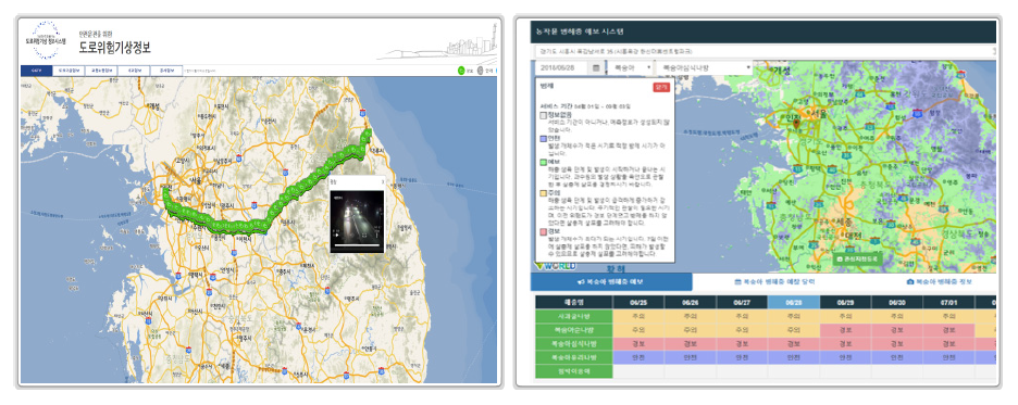 도로, 농업분야 기상정보 시범 서비스 화면