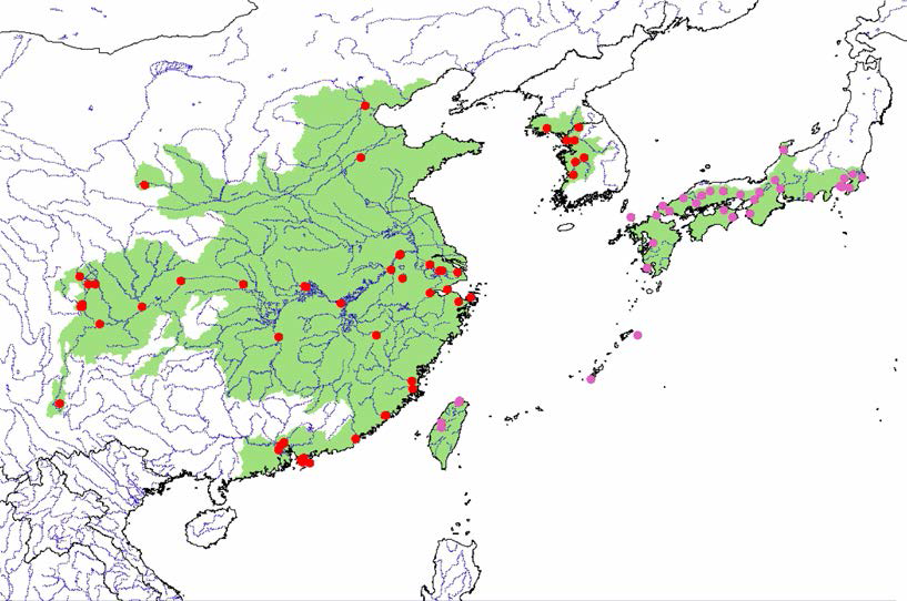 남생이의 분포도 (● 자생지역 ● 도입지역)(출처 ; IUCN/SSC Tortoise and Freshwater Turtle Specialist Group)