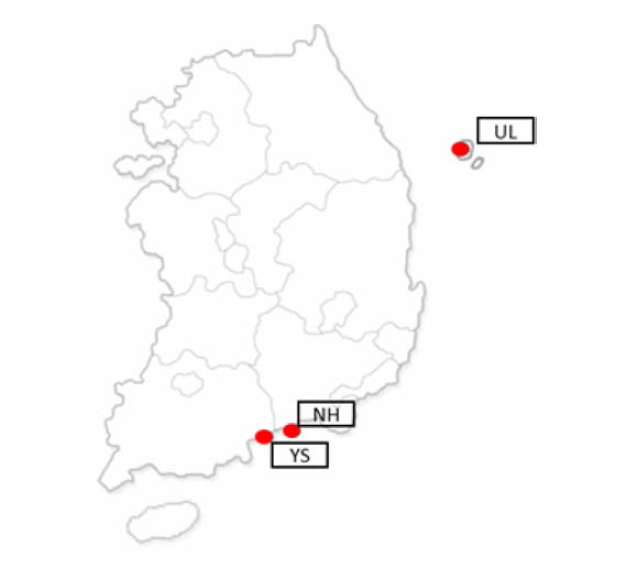 긴호랑거미의 채집지(NH: 전남 남해군，YS:전남 여수시，UL: 경북 울릉군)