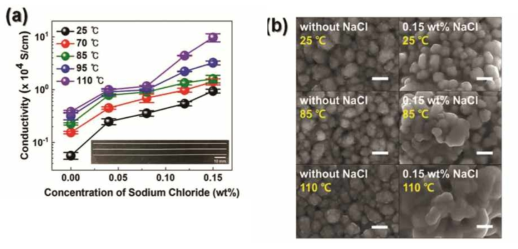 (a) NaCl(화학적 소결제) 농도에 따른 구조체의 전도도 변화, (b) NaCl 유무 및 온도에 따른 구조체 형상 변화